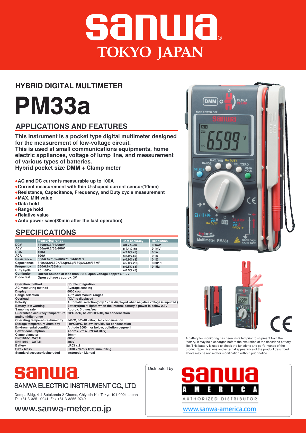 【 maaa 】 Sanwa PM33a | Pocket Size Hybrid Digital Multimeter + Clamp Meter